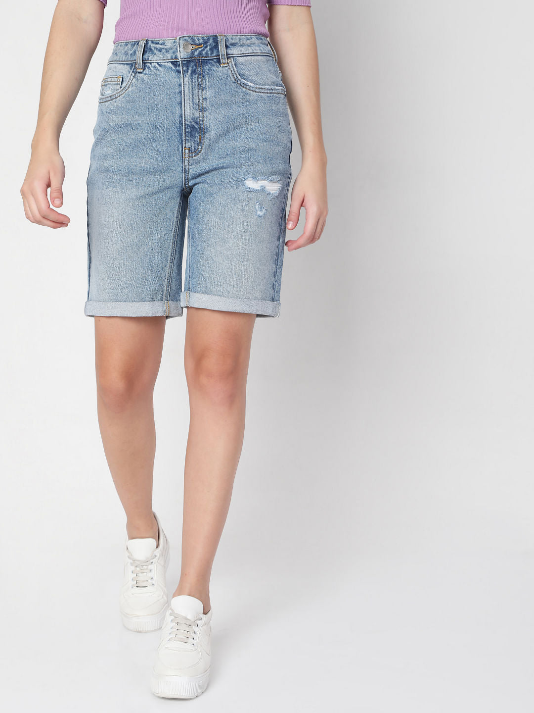Blue Mid Rise Denim Shorts