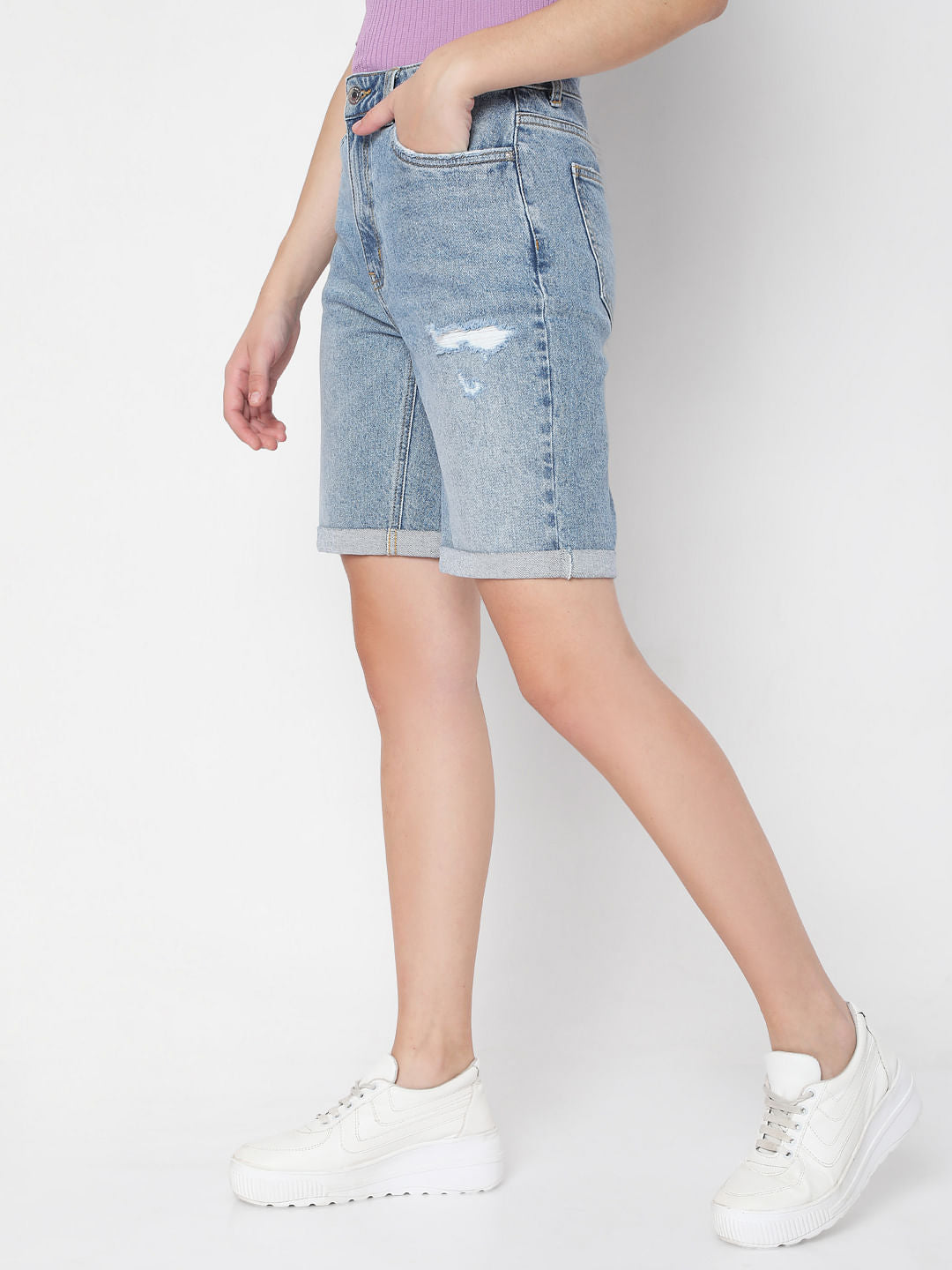 Blue Mid Rise Denim Shorts