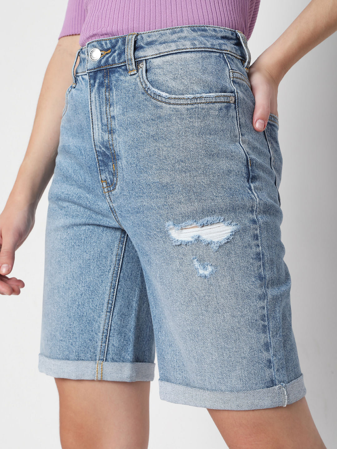 Blue Mid Rise Denim Shorts