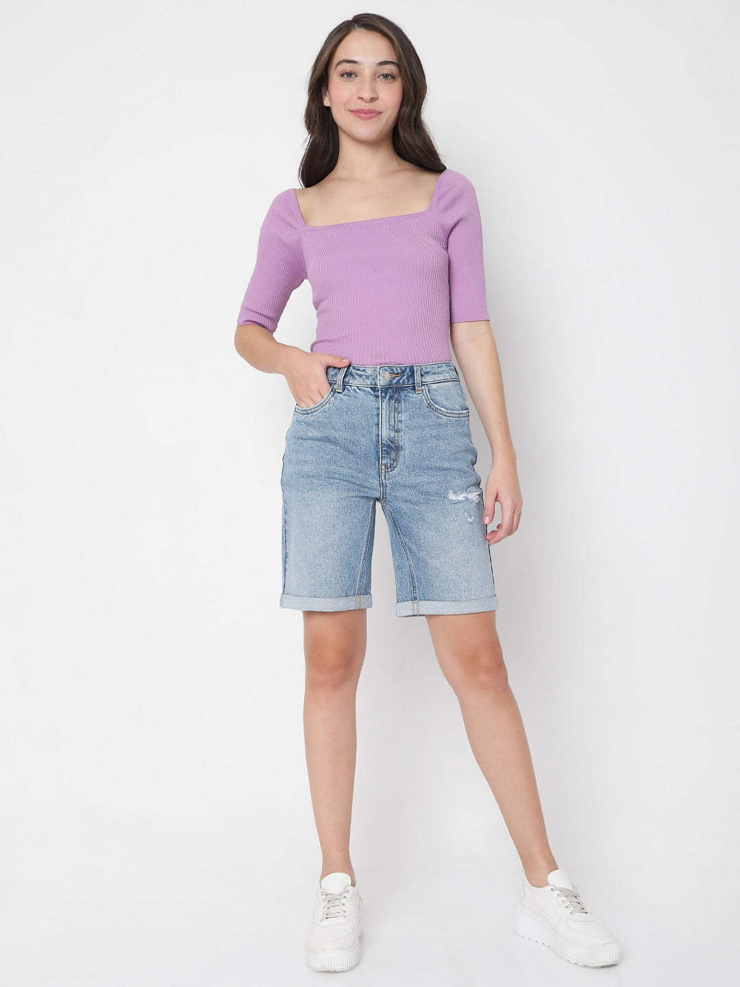 Blue Mid Rise Denim Shorts