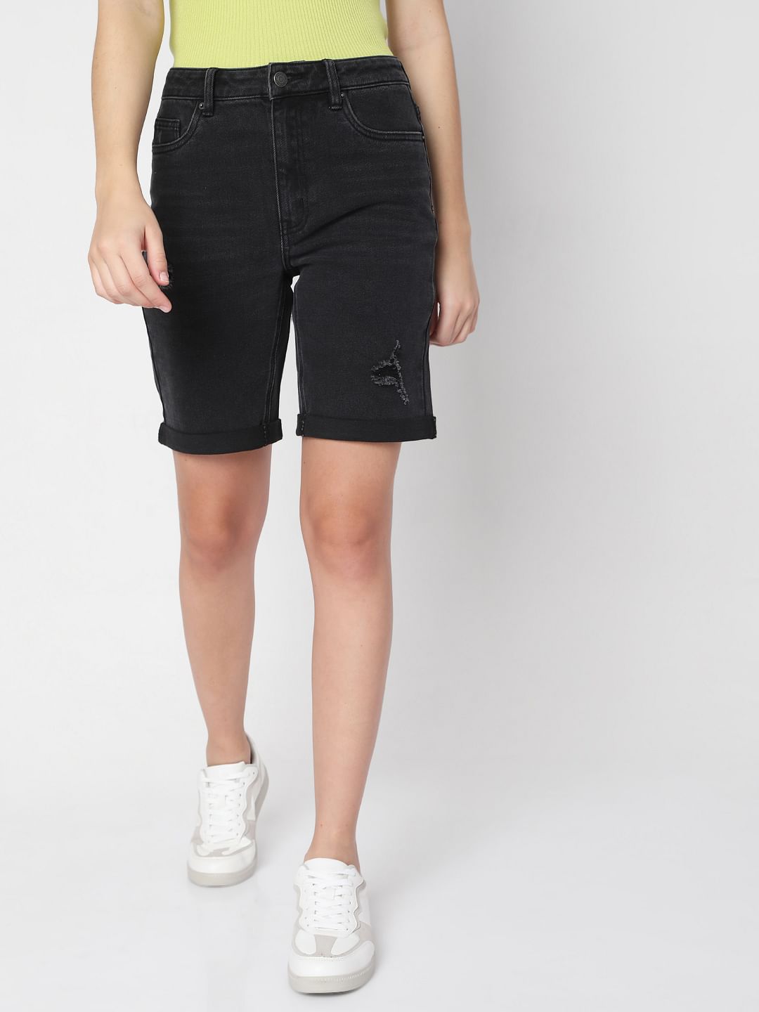 Black Mid Rise Denim Shorts