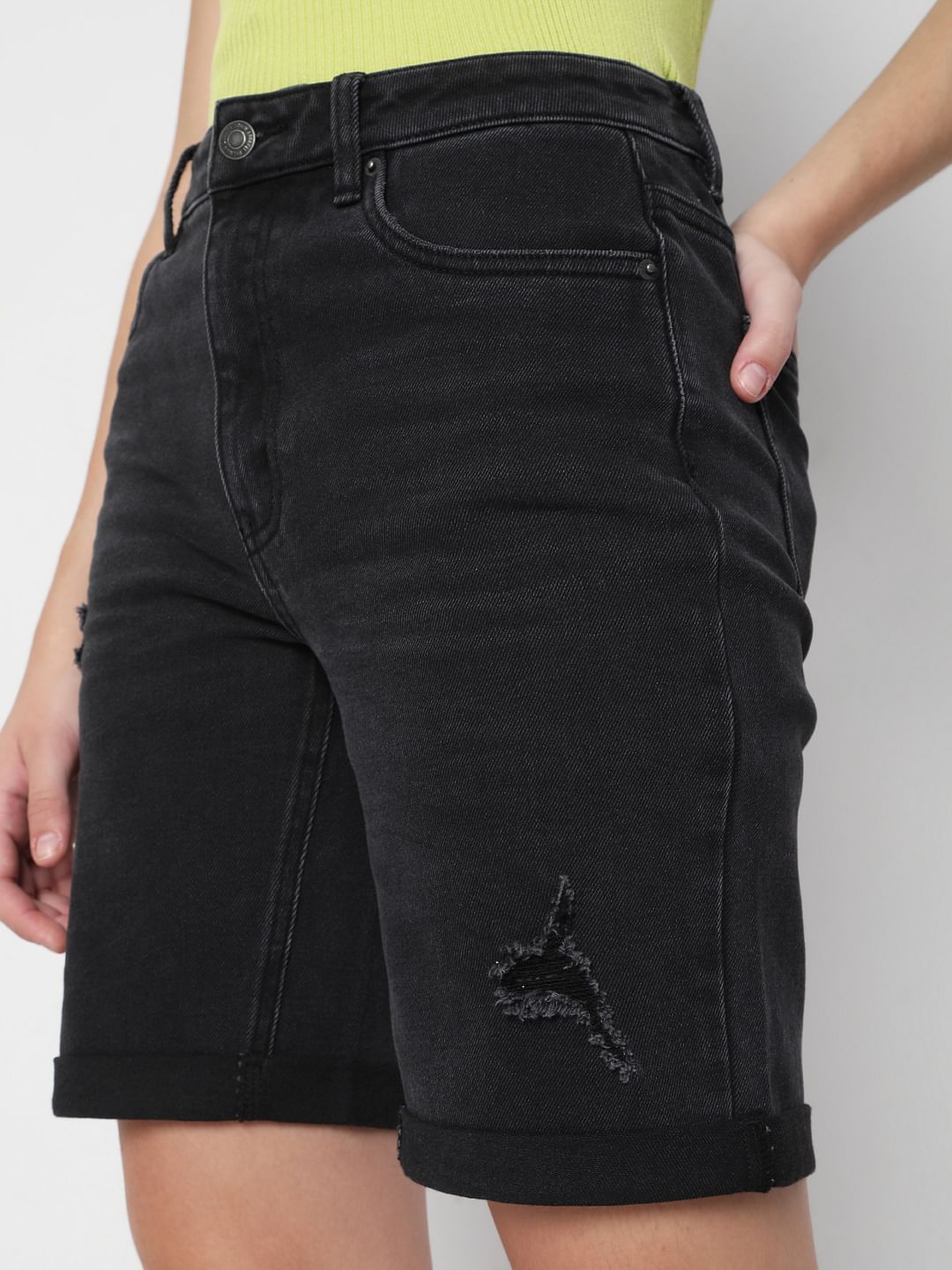 Black Mid Rise Denim Shorts