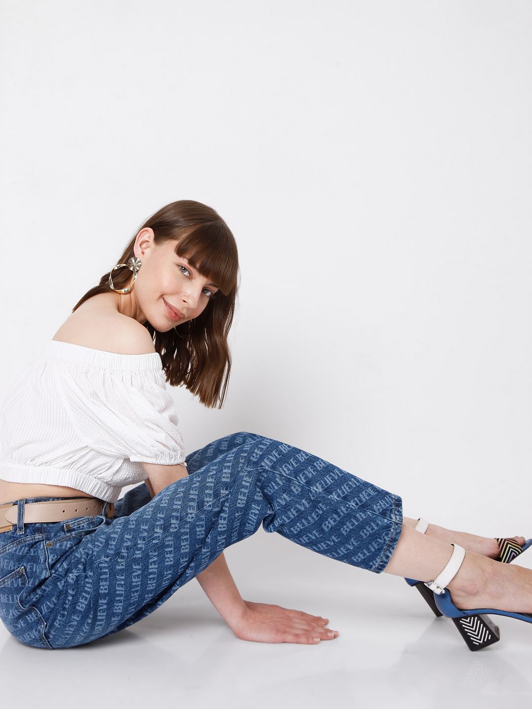 Blue Printed Mom Jeans