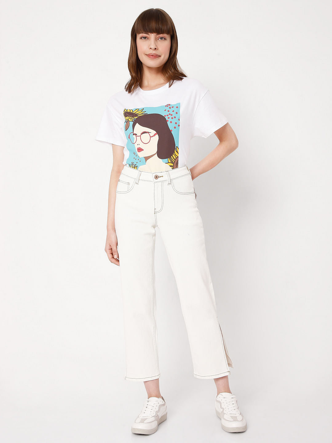 White Mid Rise Straight Jeans