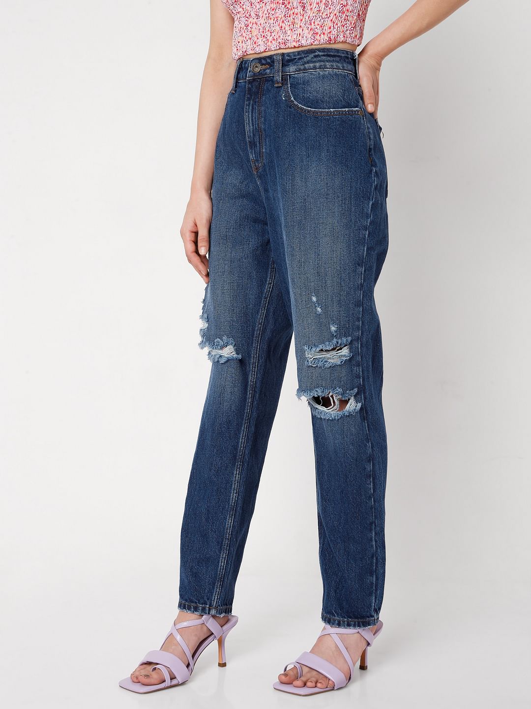 Blue Mid Rise Ripped Jade Straight Fit Jeans
