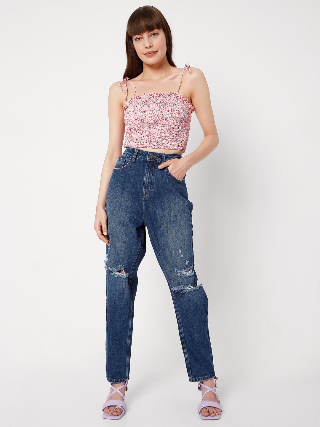 Blue Mid Rise Ripped Jade Straight Fit Jeans