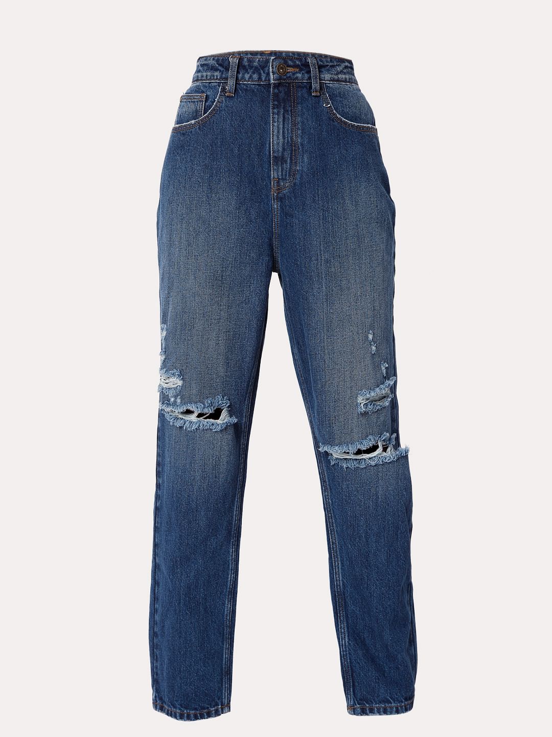 Blue Mid Rise Ripped Jade Straight Fit Jeans