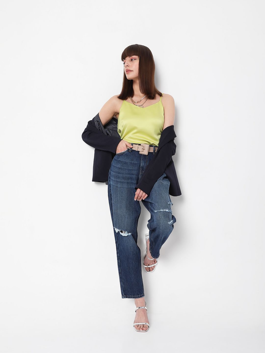 Blue Mid Rise Ripped Jade Straight Fit Jeans