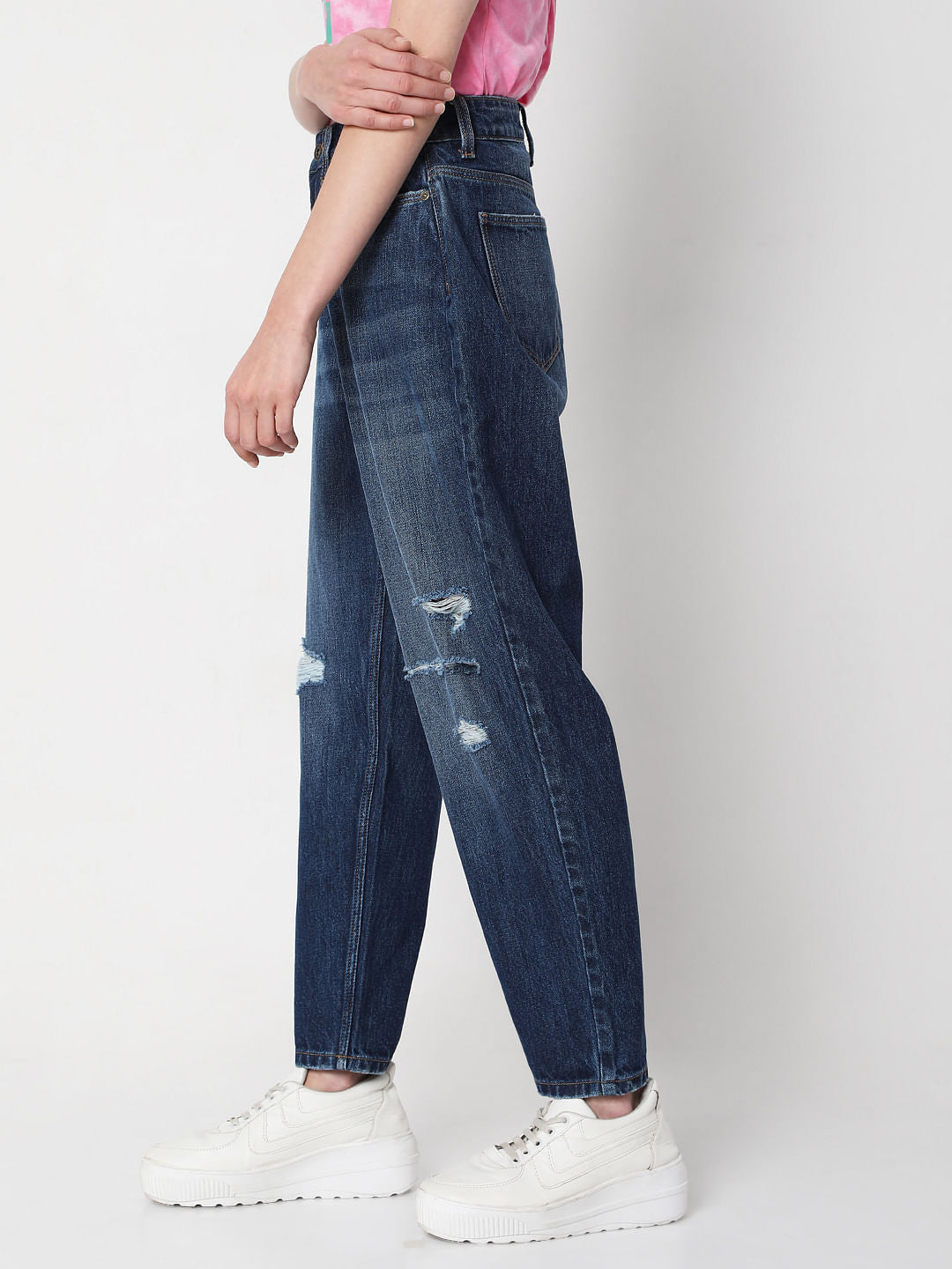 Blue Mid Rise Ripped Jade Straight Fit Jeans