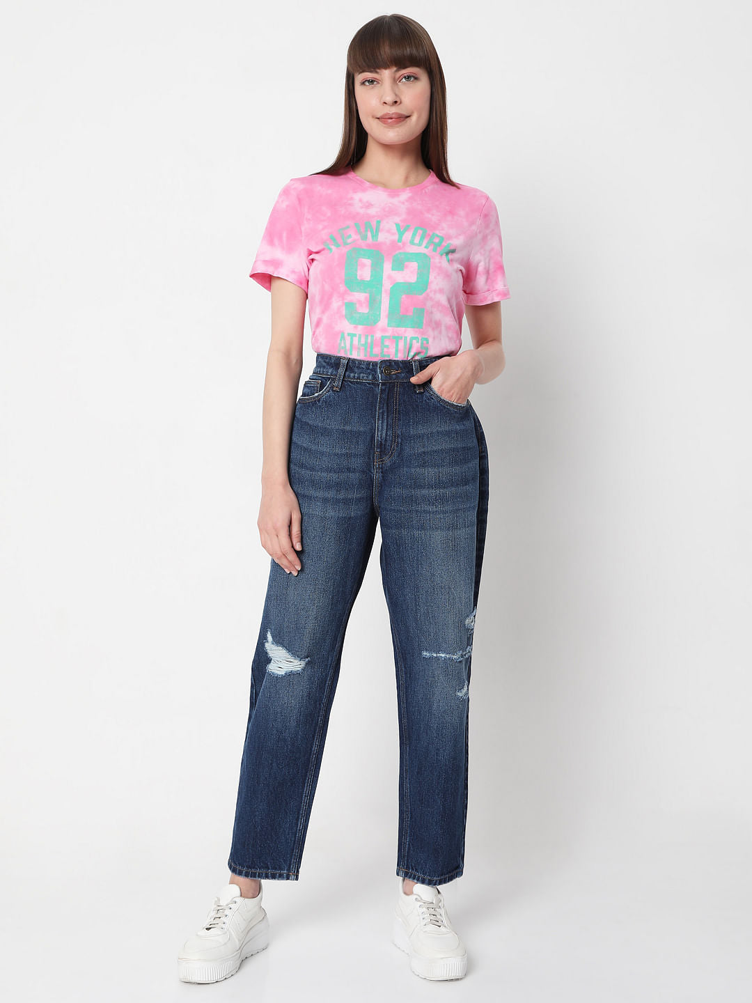 Blue Mid Rise Ripped Jade Straight Fit Jeans