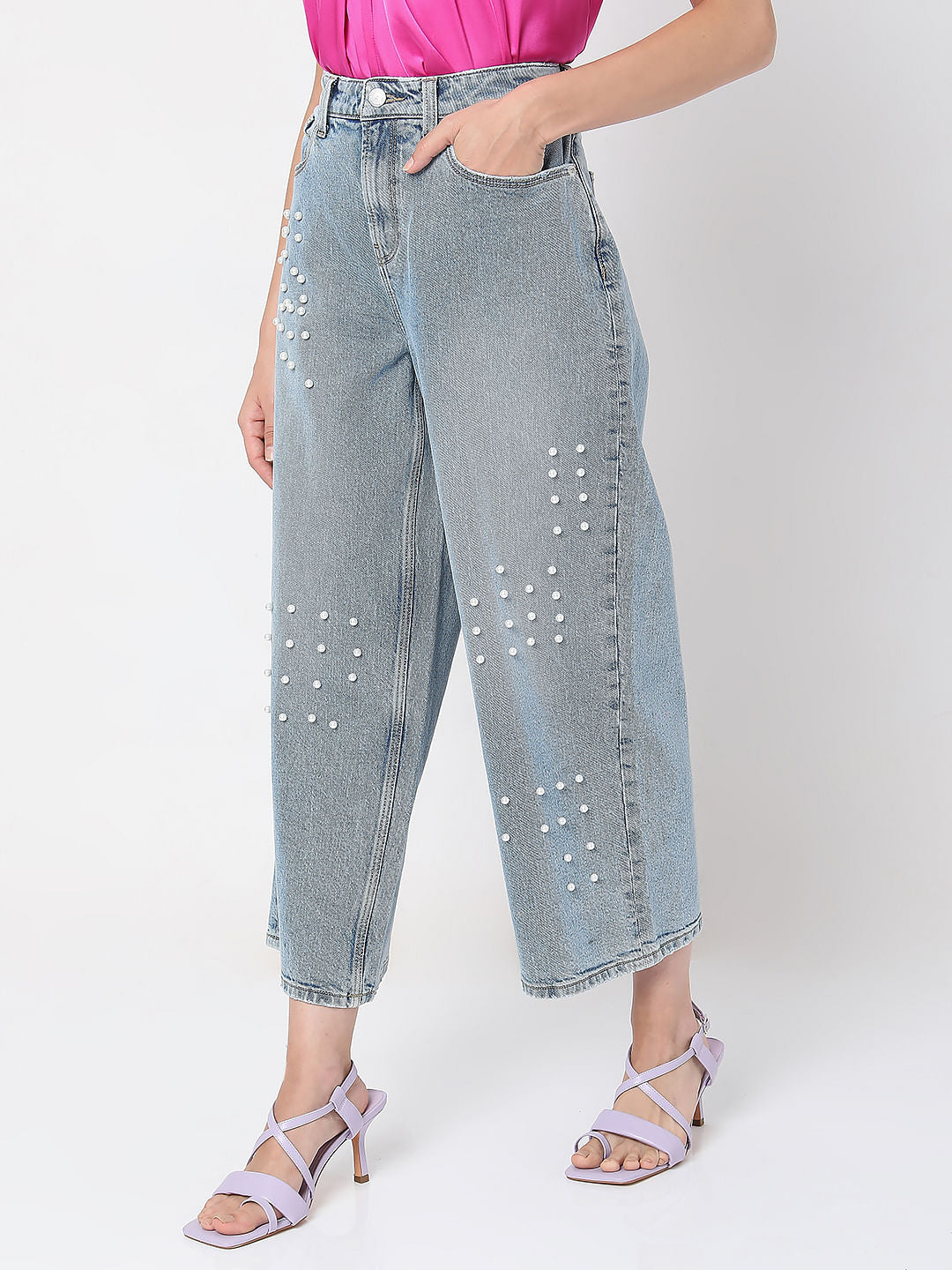 Blue Pearl Studded Zoey Wide-Leg Jeans