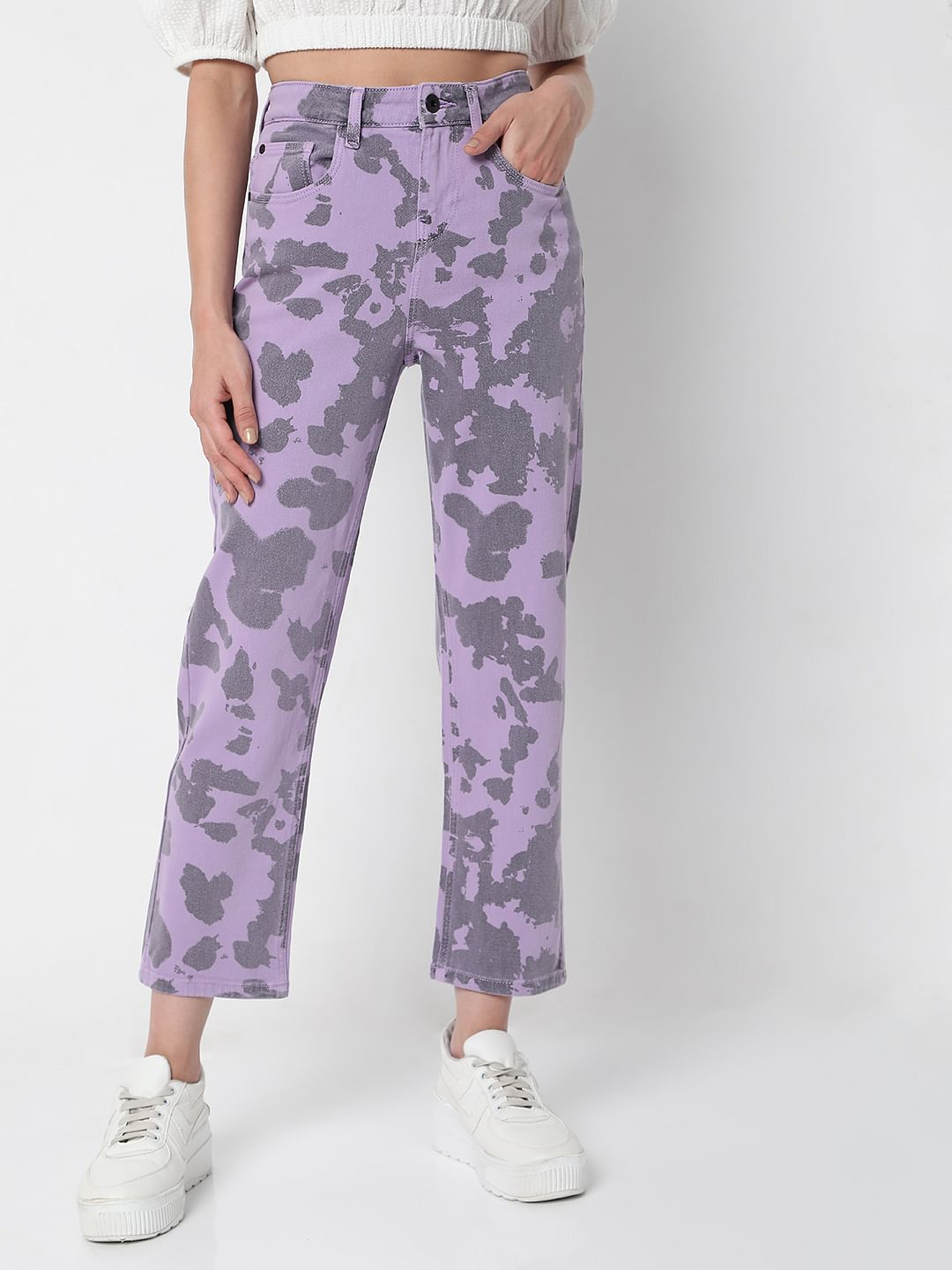 Purple Printed Jade Straight Fit Jeans