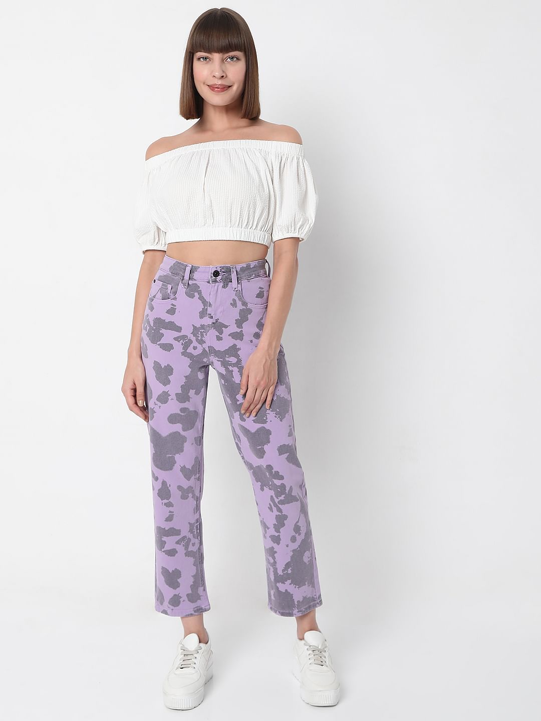 Purple Printed Jade Straight Fit Jeans