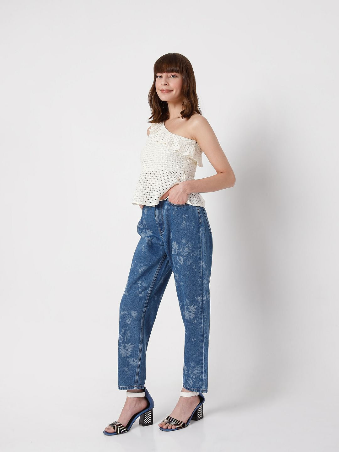 Blue High Waist Printed Mom Jeans