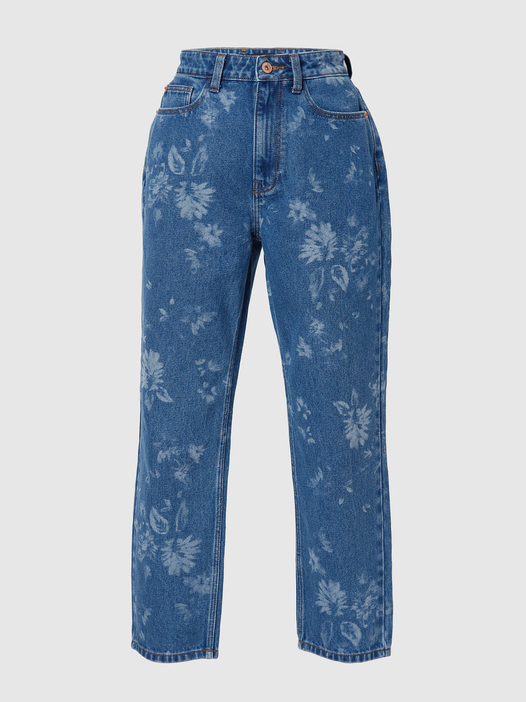 Blue High Waist Printed Mom Jeans