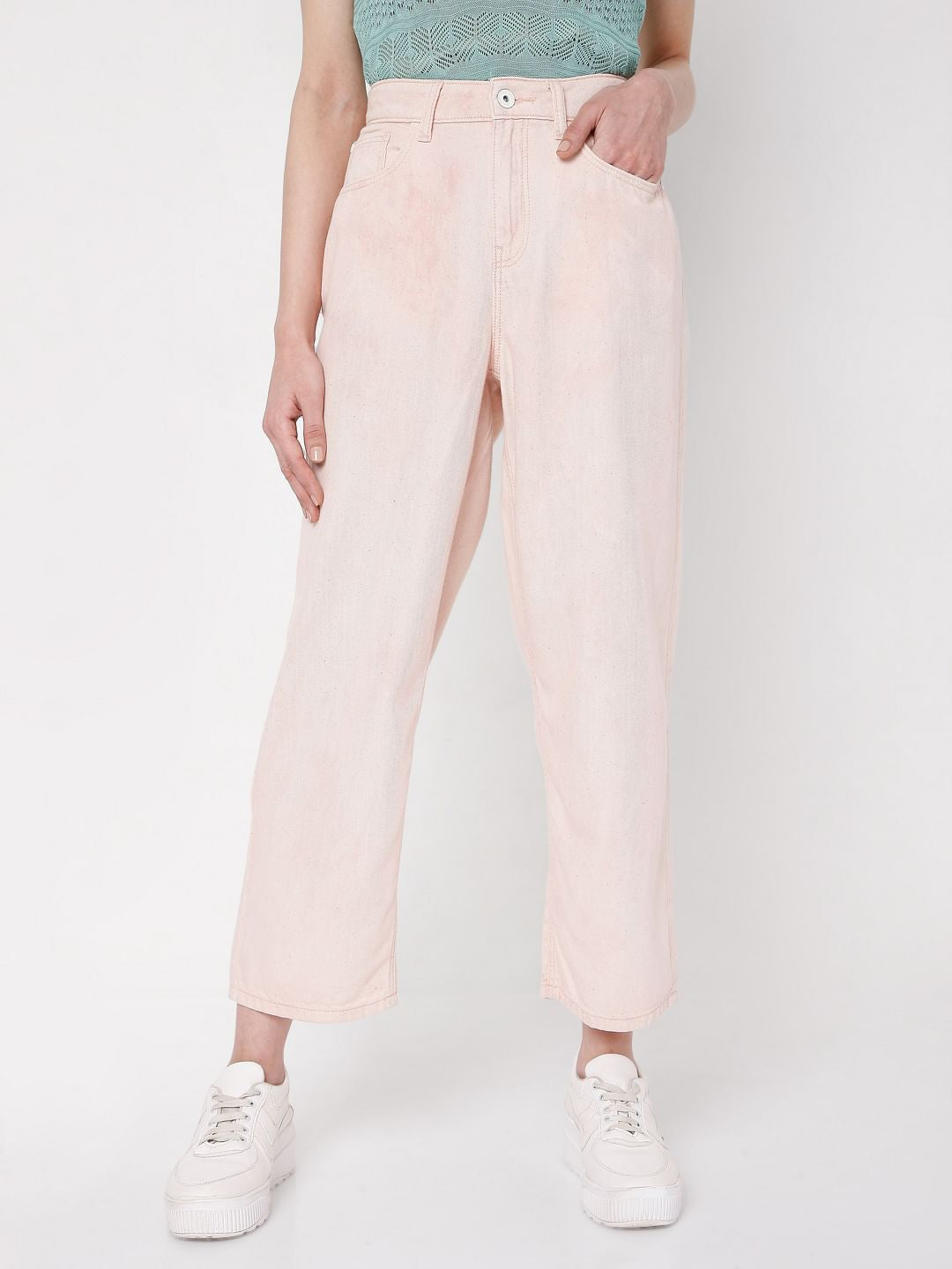 Pink High Rise Washed Jade Straight Fit Jeans