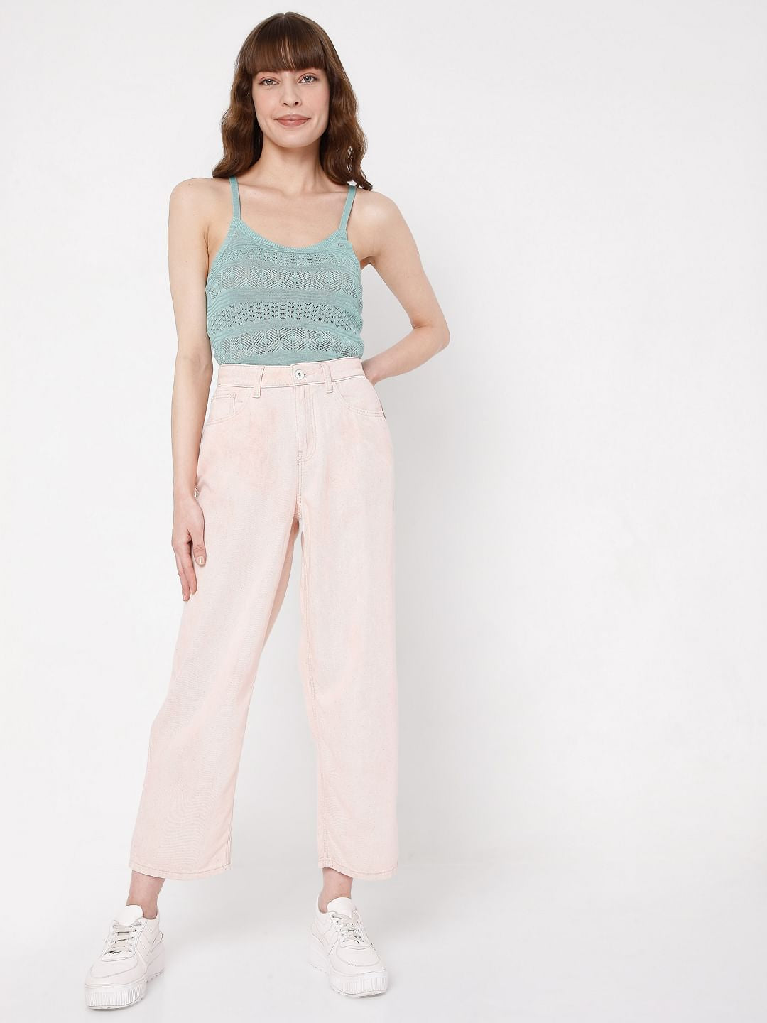 Pink High Rise Washed Jade Straight Fit Jeans