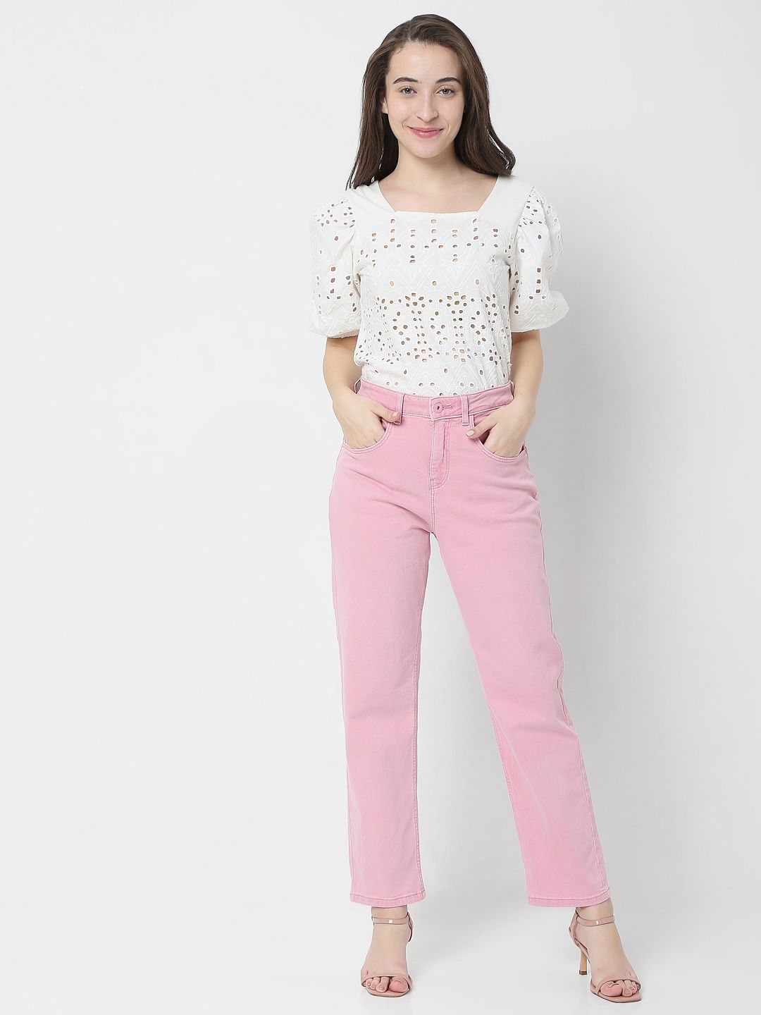 Pink High Waist Jade Straight Fit Jeans