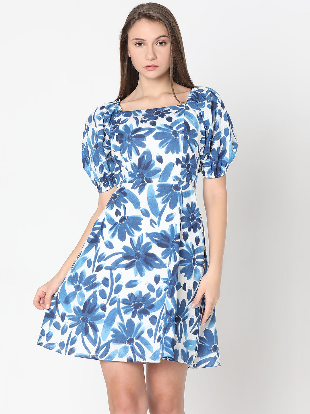 Blue Floral Print Fit & Flare Dress