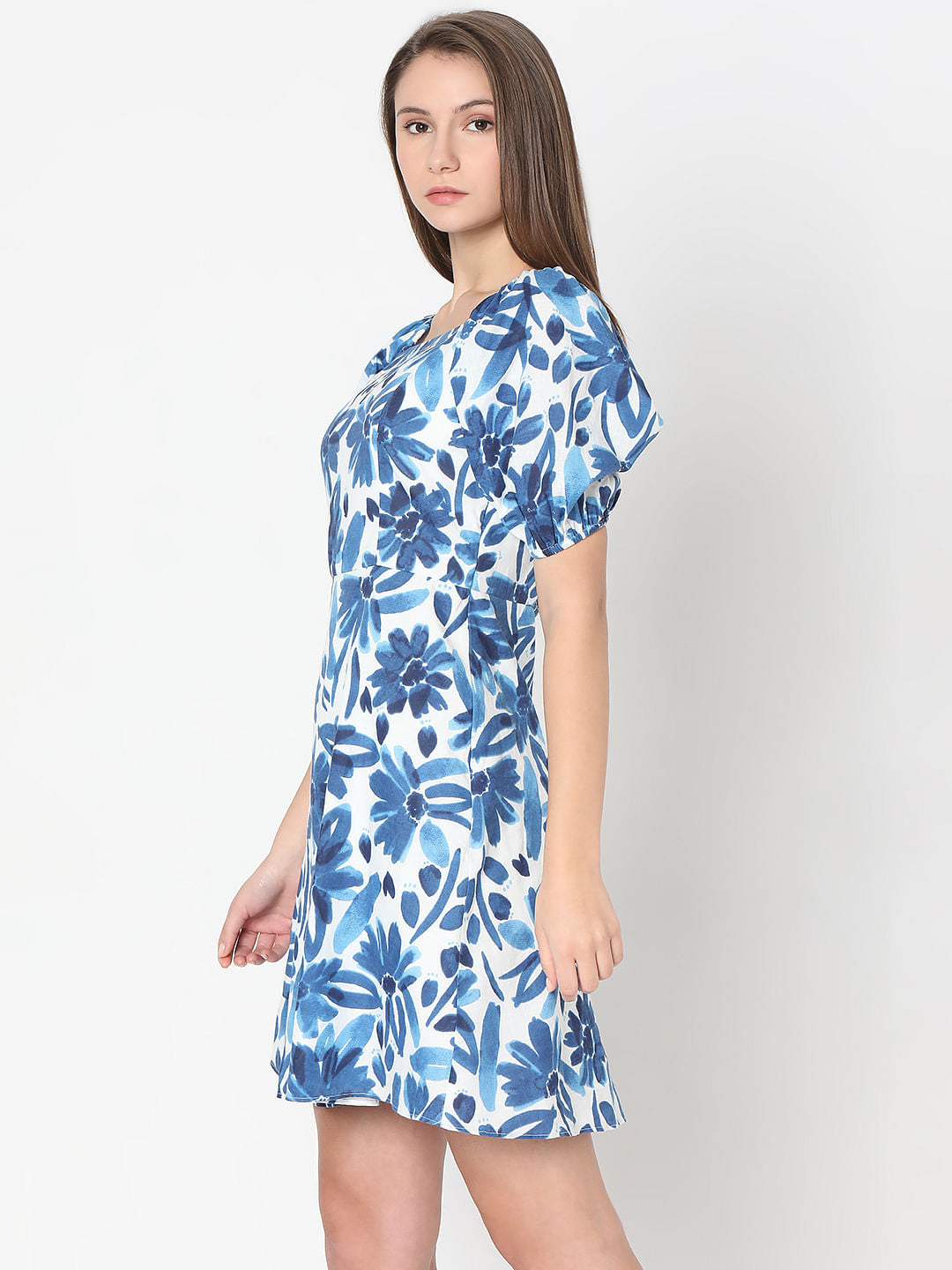 Blue Floral Print Fit & Flare Dress