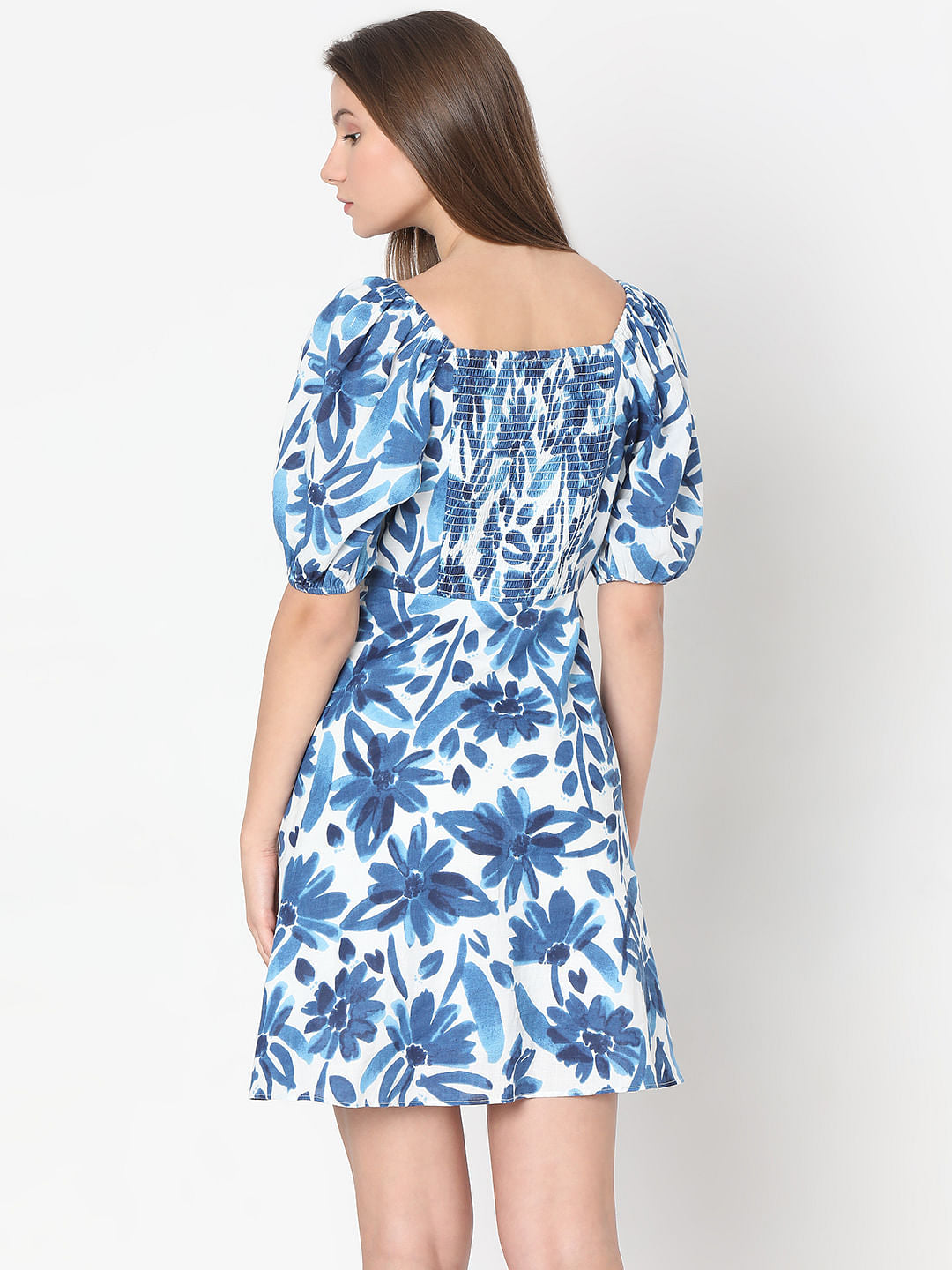 Blue Floral Print Fit & Flare Dress