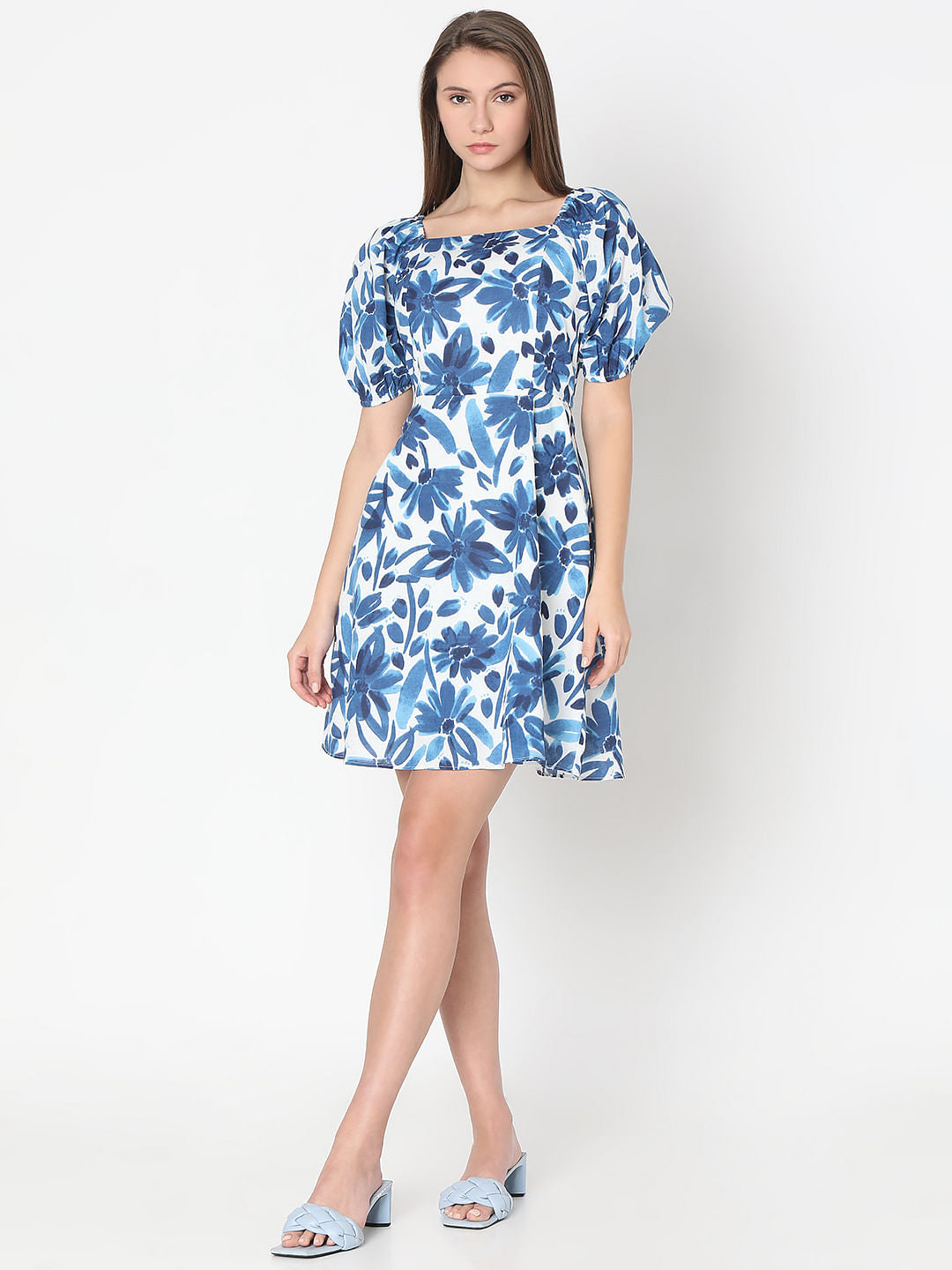 Blue Floral Print Fit & Flare Dress
