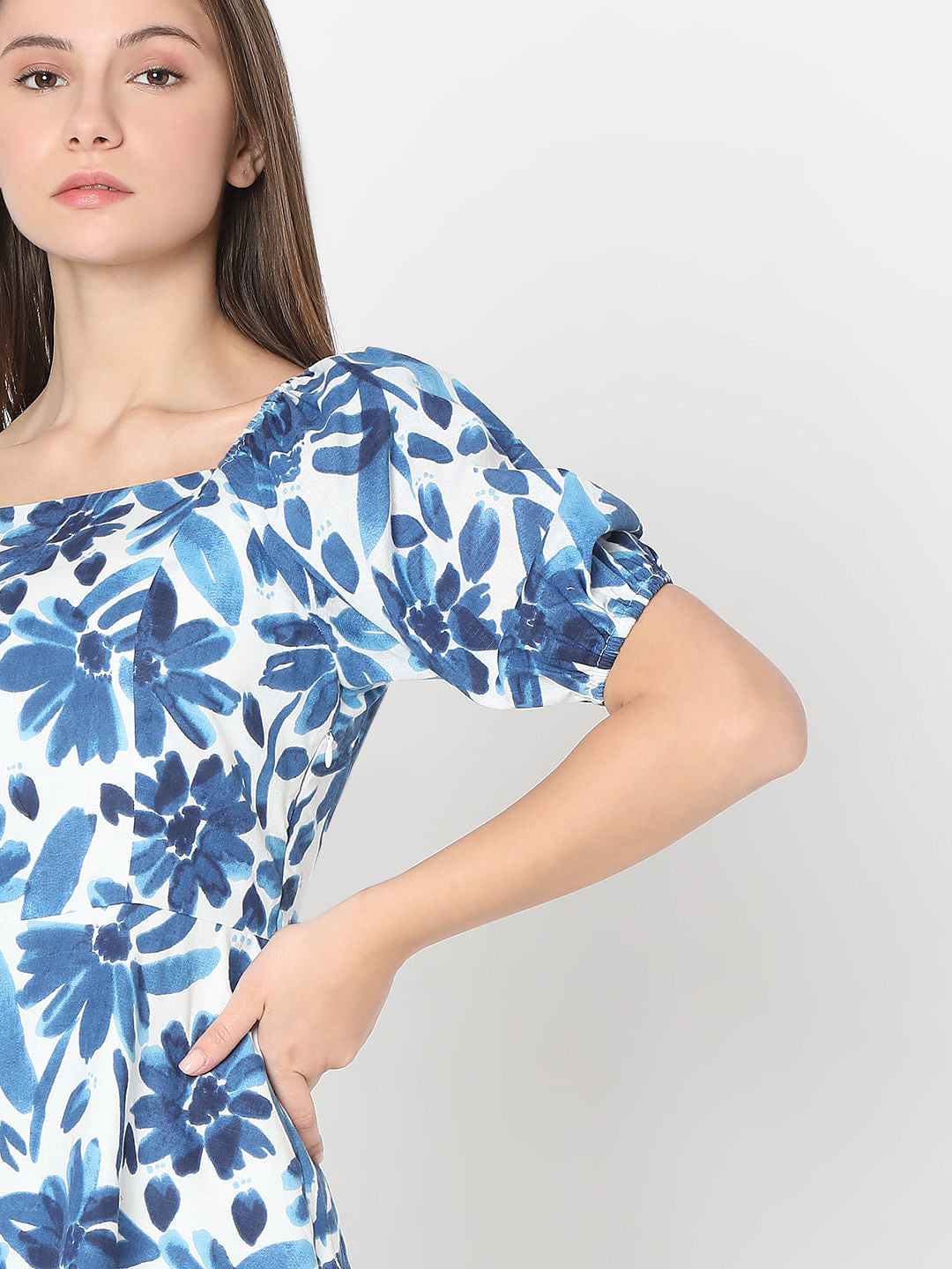 Blue Floral Print Fit & Flare Dress