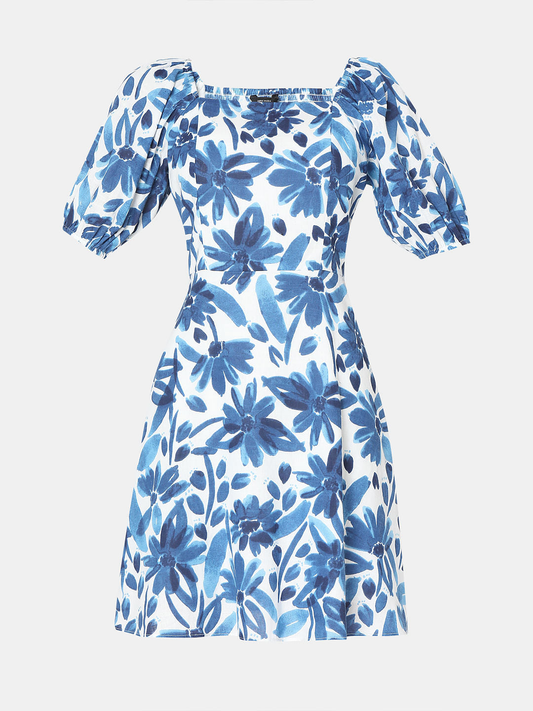 Blue Floral Print Fit & Flare Dress