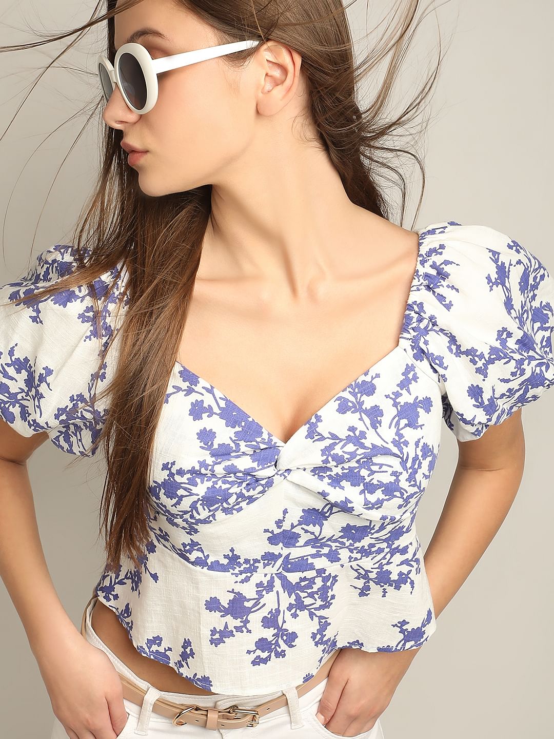 White Floral Print Top