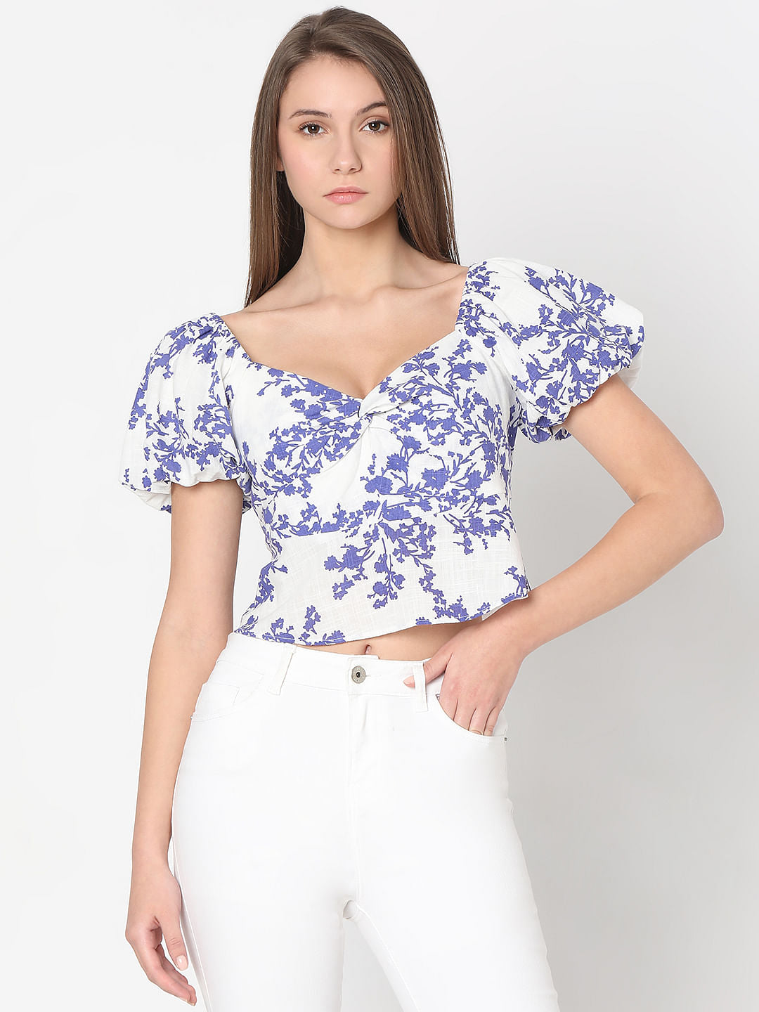 White Floral Print Top