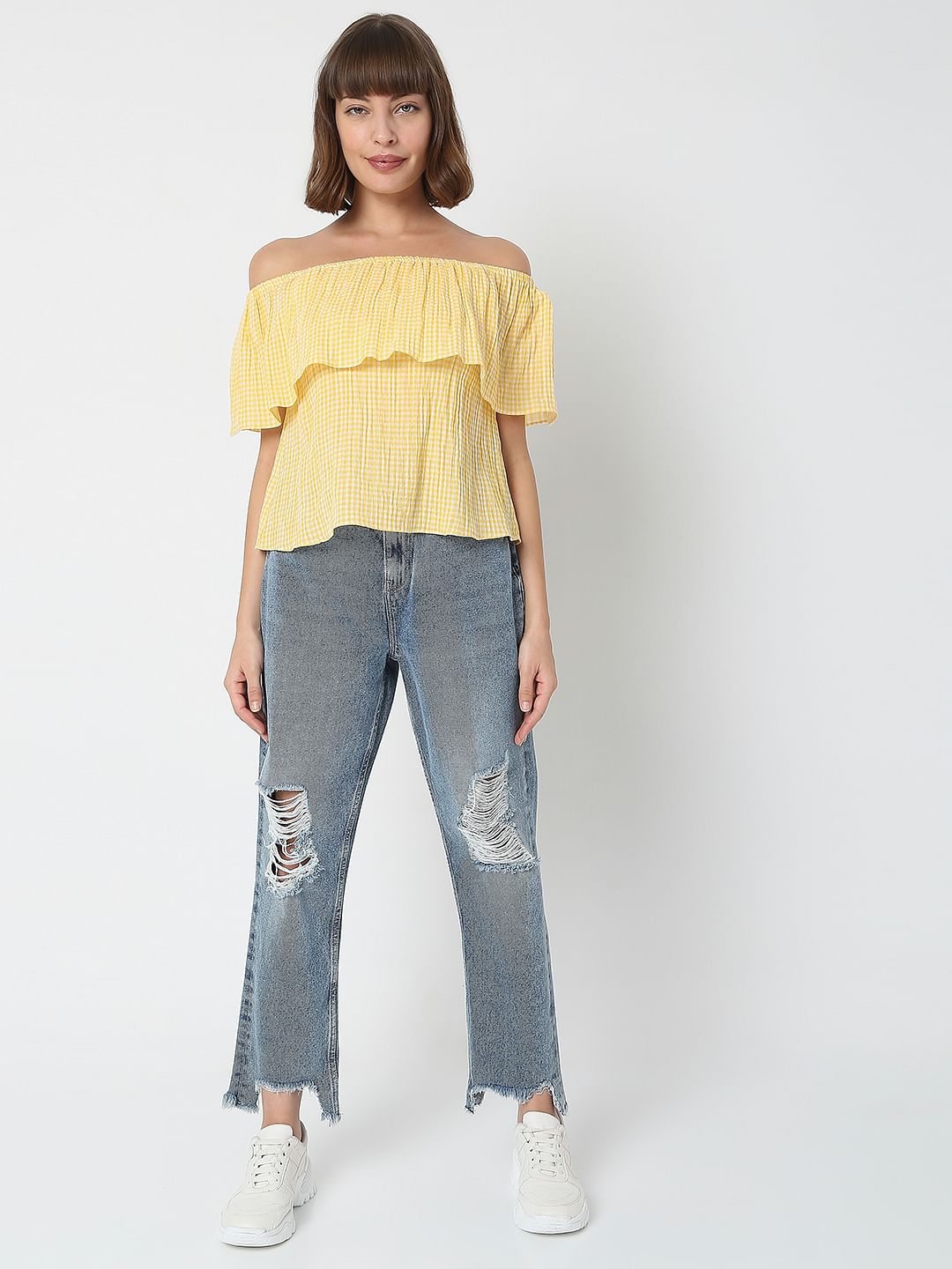 Yellow Check Off-Shoulder Top