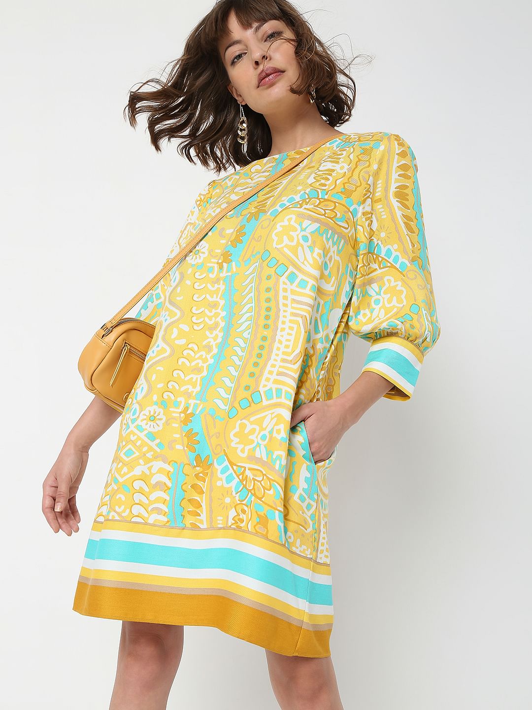 Yellow Abstract Print Shift Dress