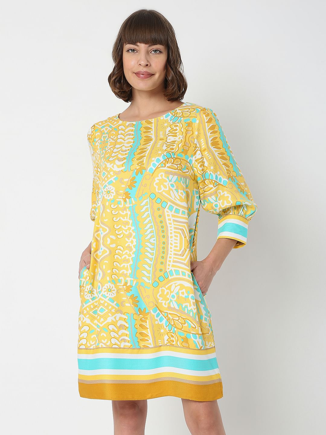 Yellow Abstract Print Shift Dress
