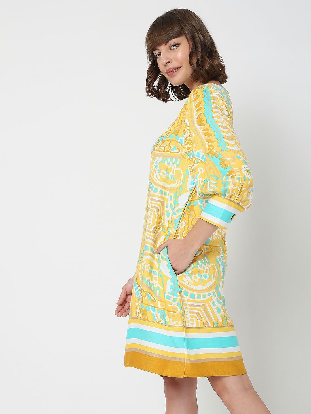 Yellow Abstract Print Shift Dress
