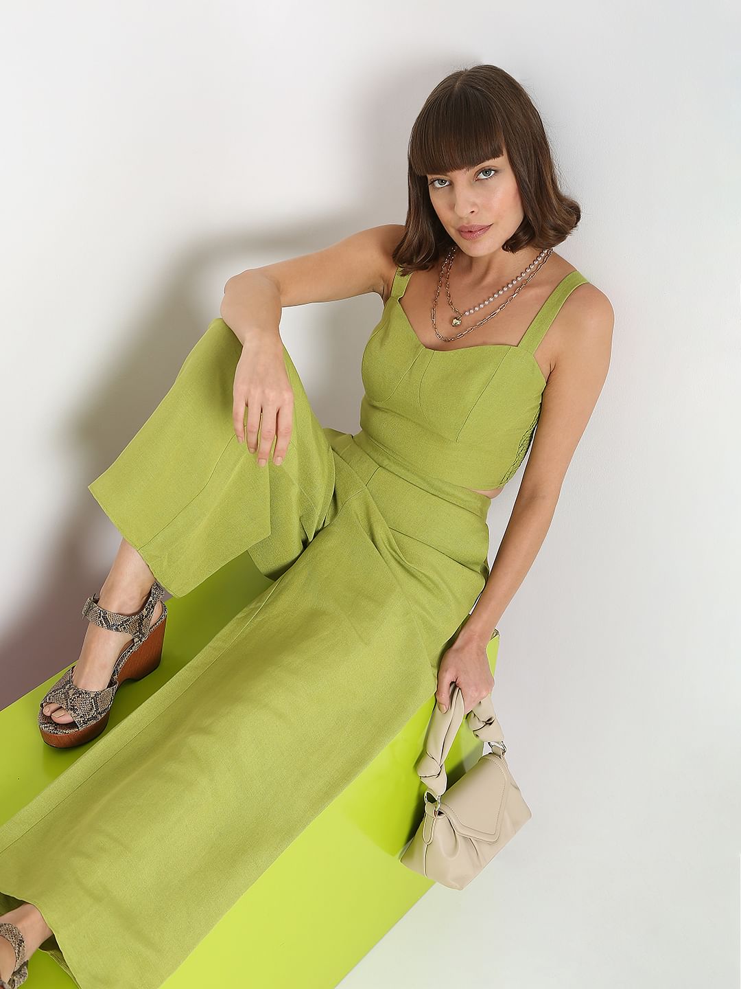 Green High Rise Wide Leg Co-Ord Pants