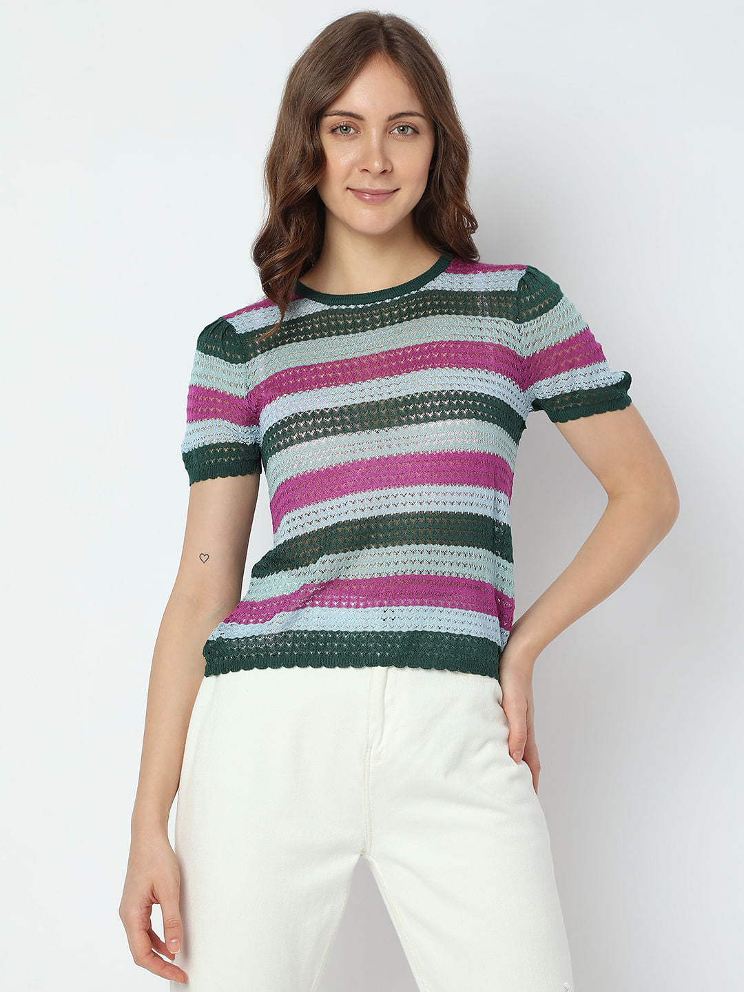 Dark Green Colourblocked Knit Top