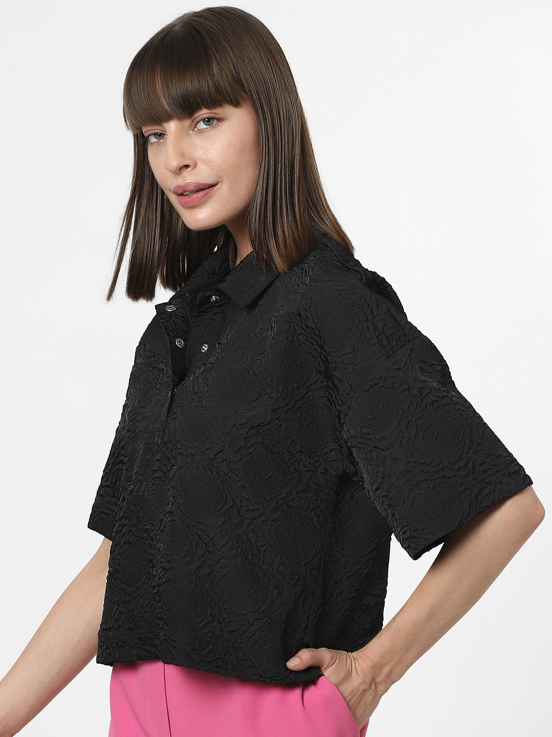 Black Textured Short Sleeves Top