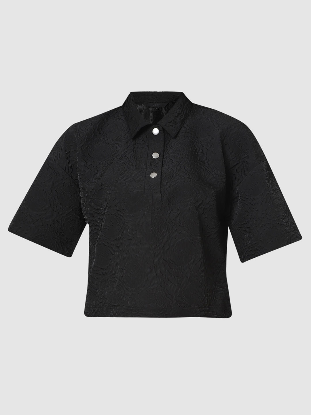 Black Textured Short Sleeves Top