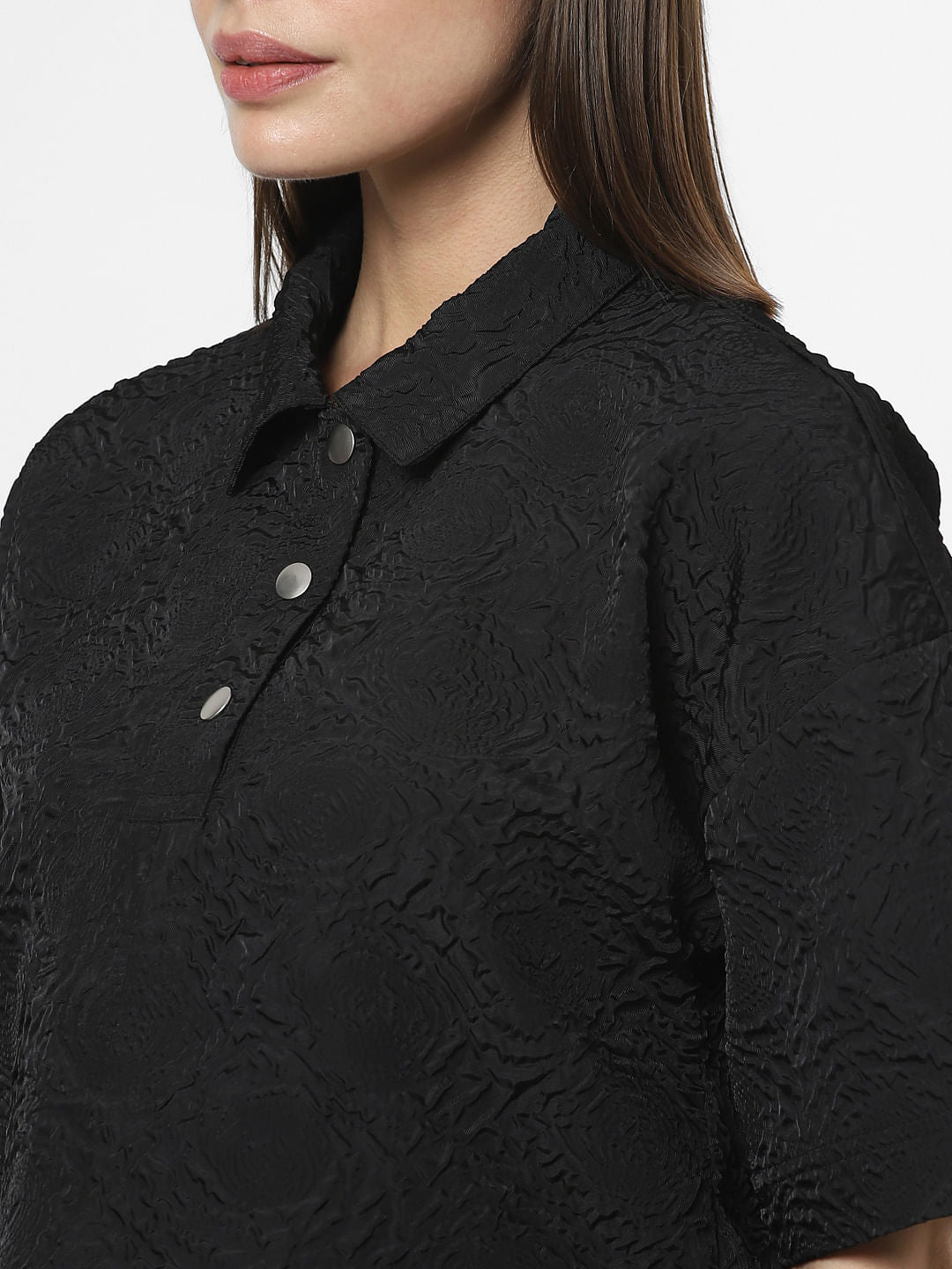 Black Textured Short Sleeves Top