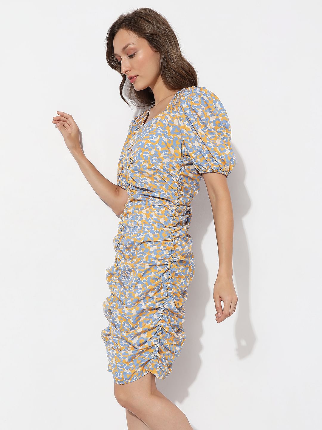 Mustard Printed Smocked Dress