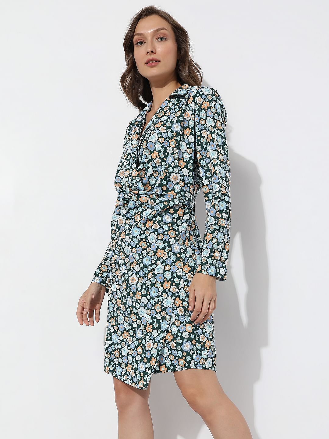 Green Floral Print Shirt Dress