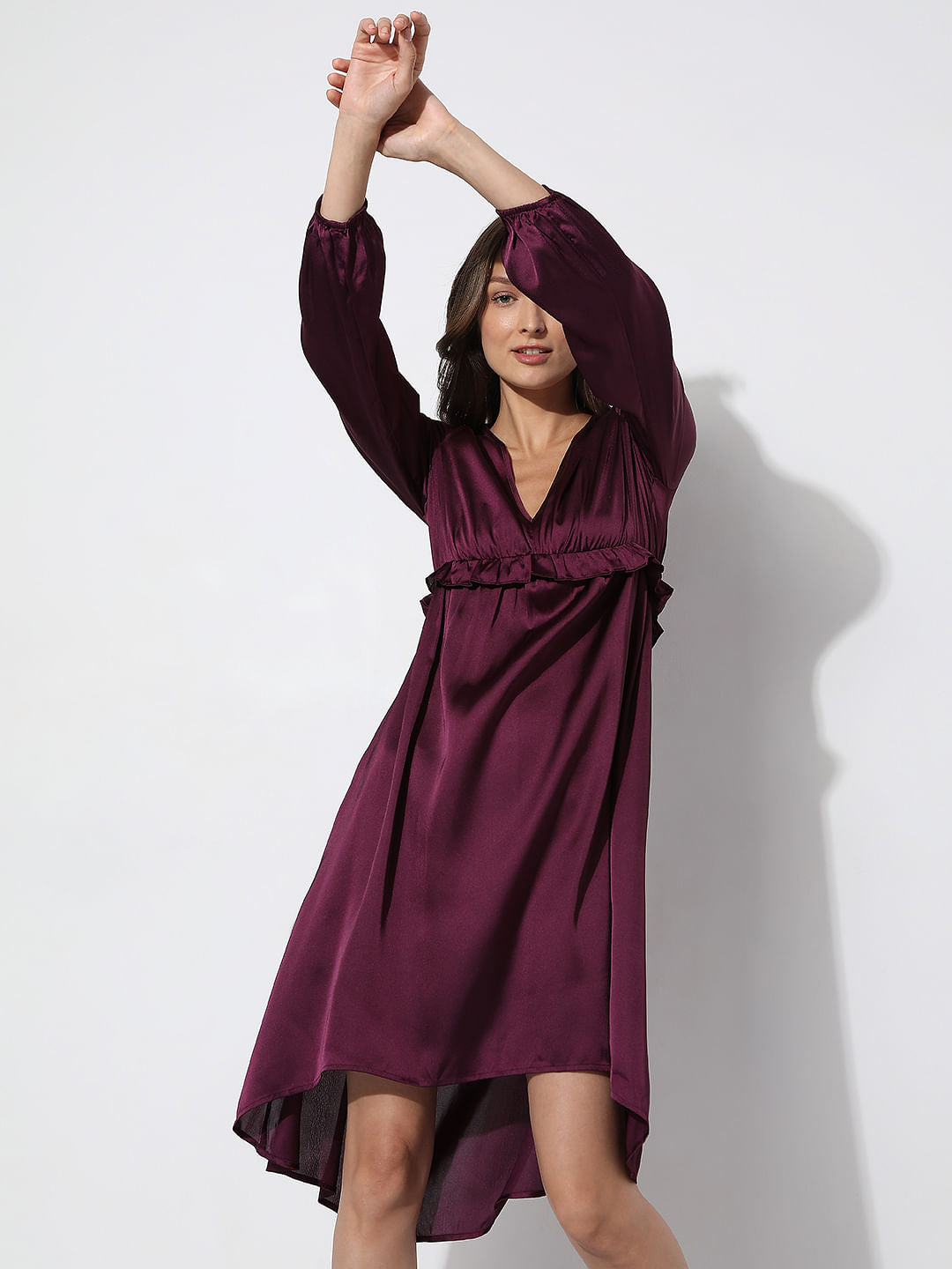 Dark Purple V-Neck Satin Dress