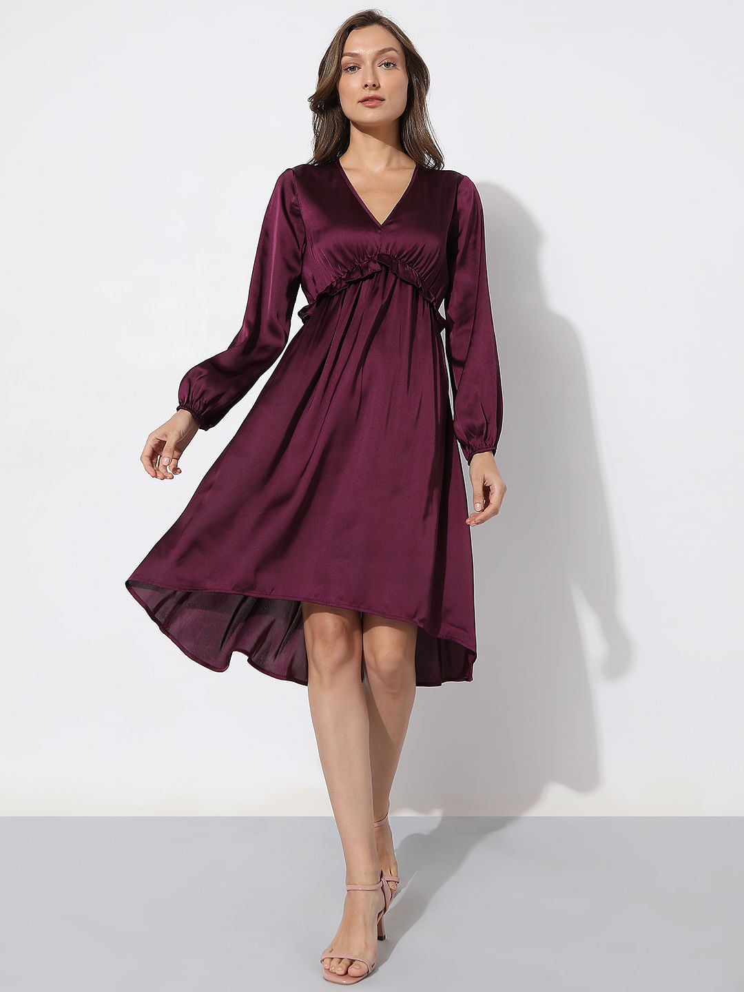 Dark Purple V-Neck Satin Dress