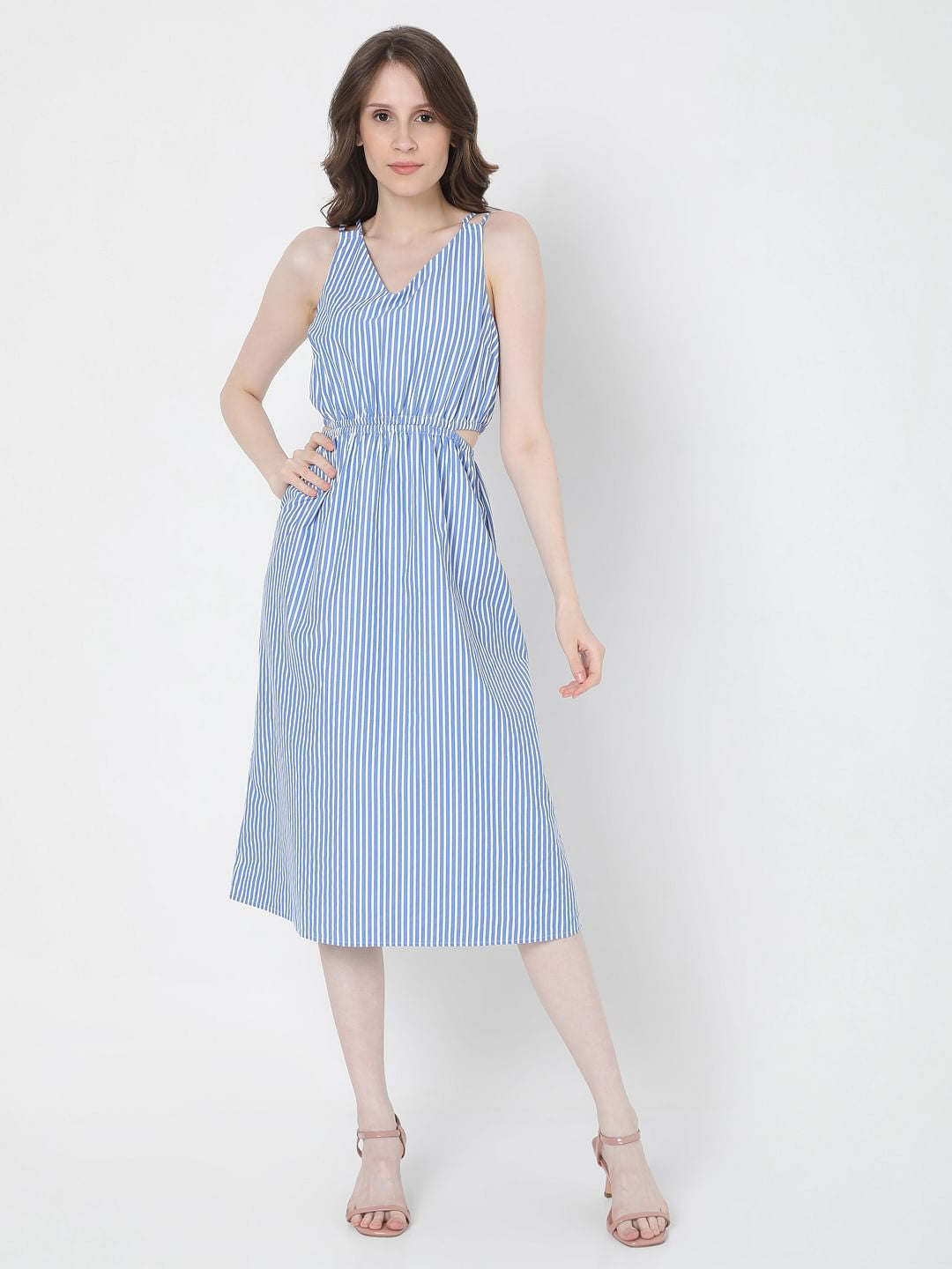 White & Blue Striped Midi Dress