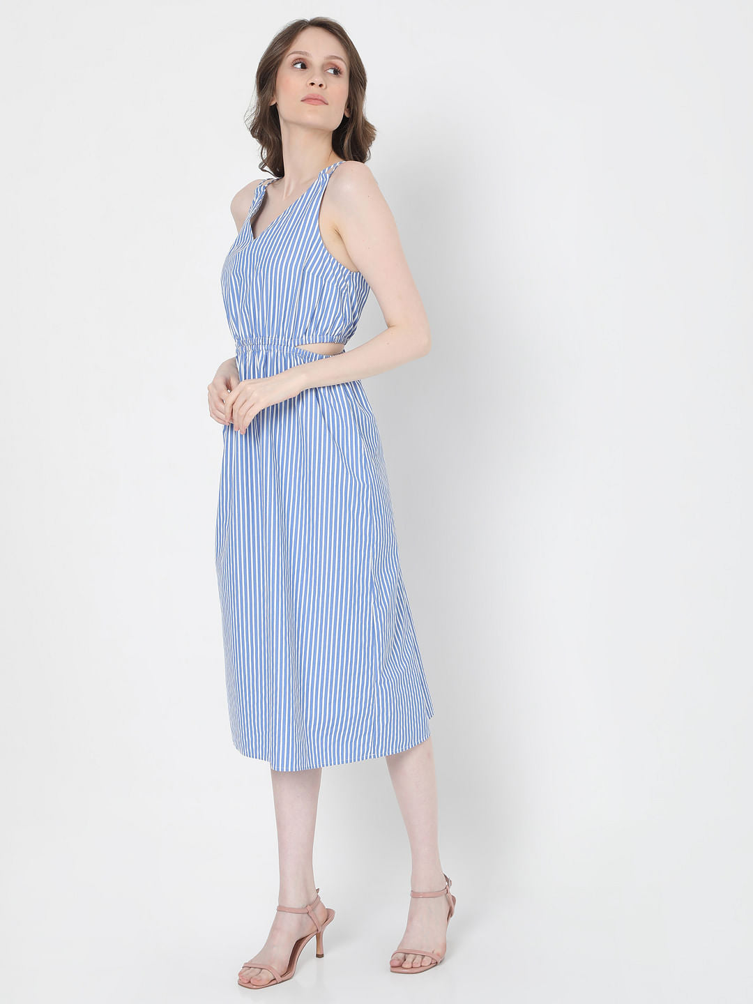 White & Blue Striped Midi Dress