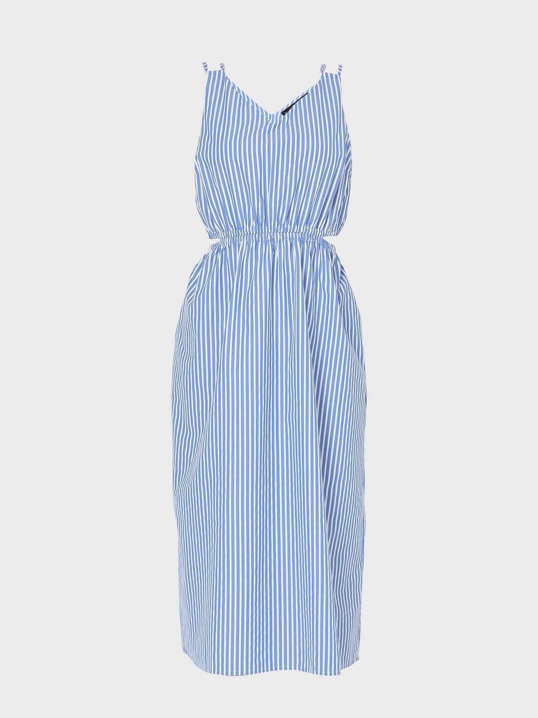 White & Blue Striped Midi Dress