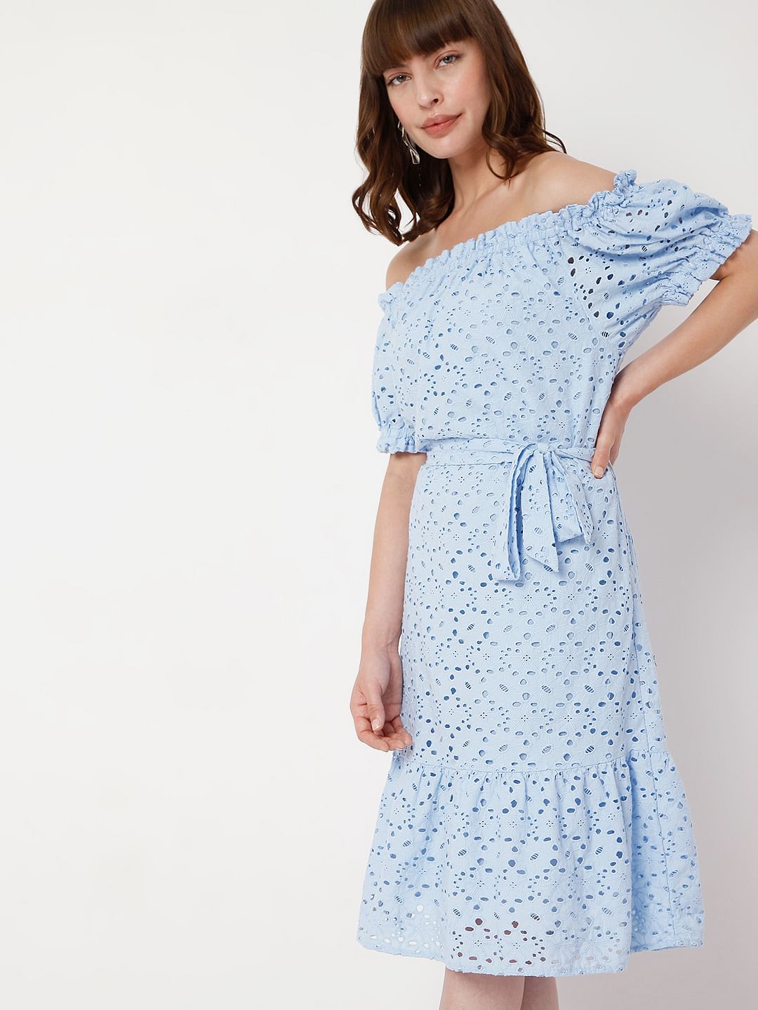 Blue Schiffli Off Shoulder Dress