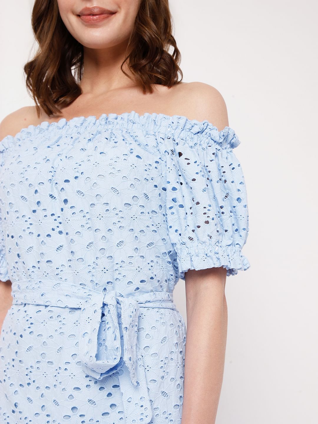Blue Schiffli Off Shoulder Dress