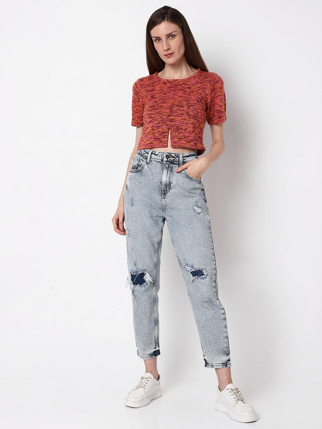 Orange Printed Cut-Out Sweater