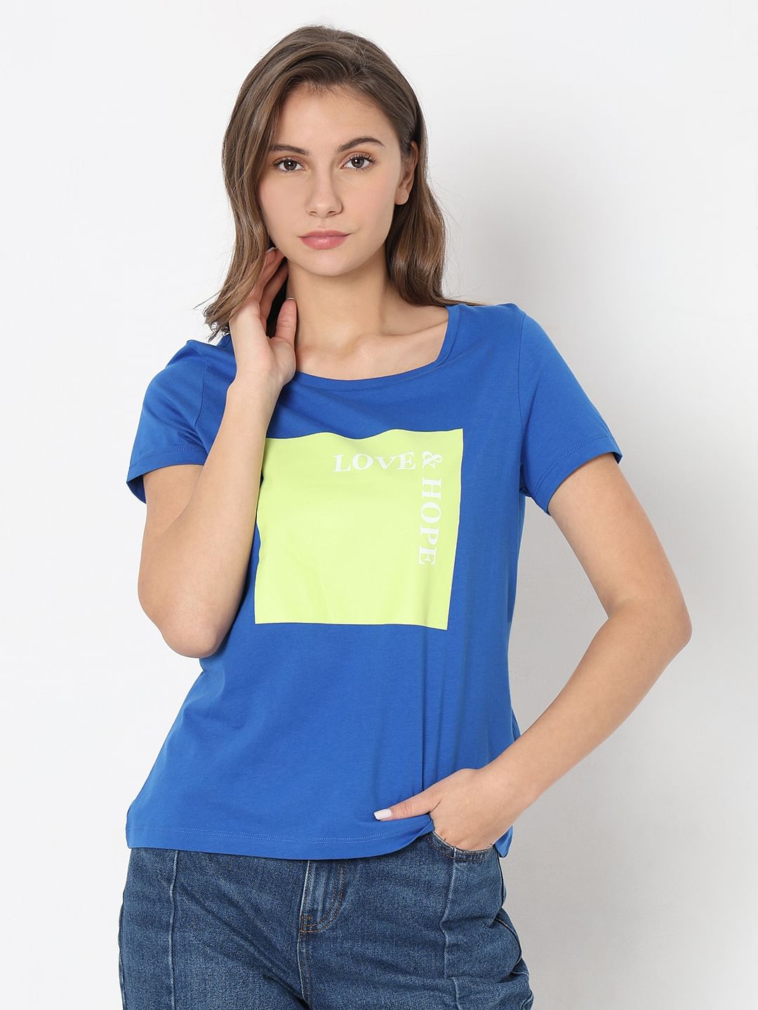 Blue Text Print T-Shirt
